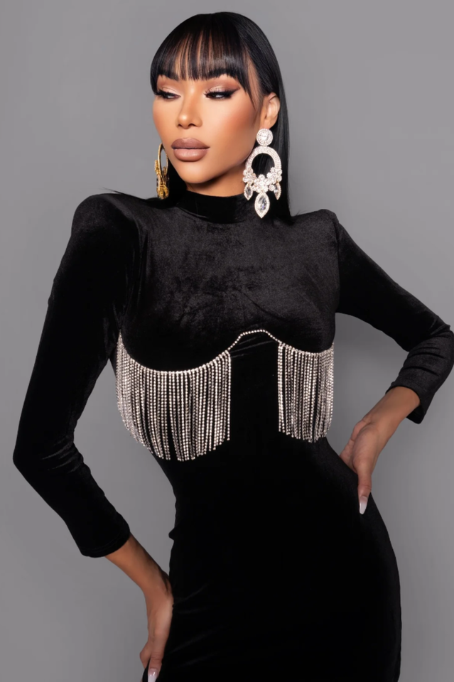 Velvet Mock Neck Long Sleeve Rhinestone Fringe Bodycon Mini Dress 6