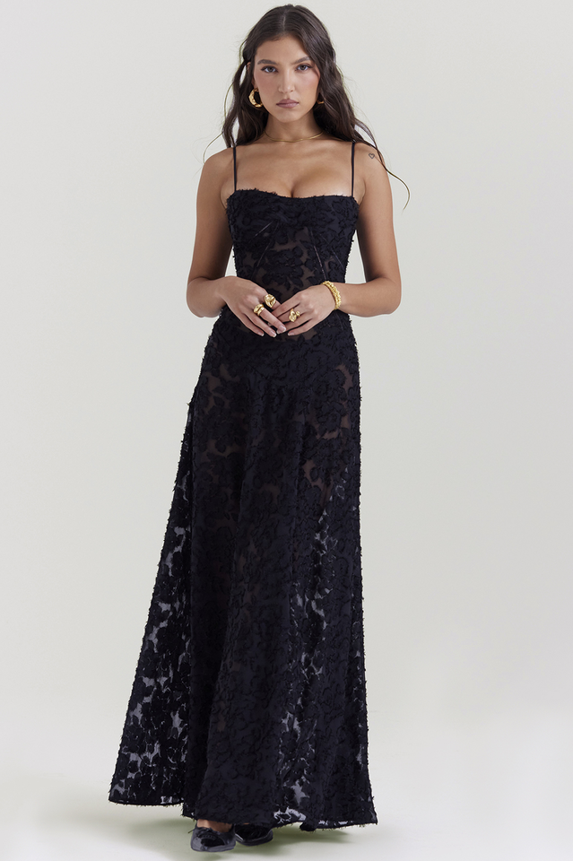 Serena Retro Black Printed Maxi Dress