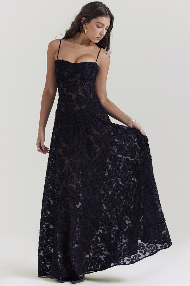 Serena Retro Black Printed Maxi Dress