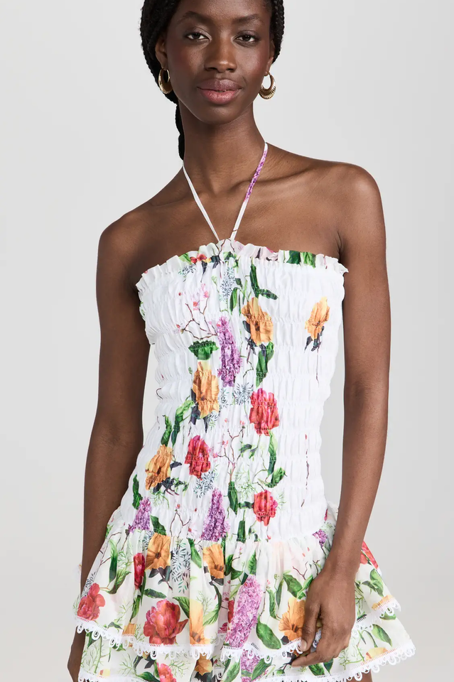 Floral Strapless Smocked Lace Trim Tiered Mini Dress 3