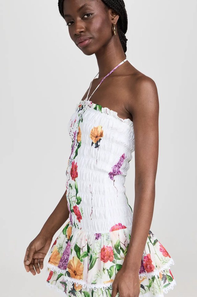 Floral Strapless Smocked Lace Trim Tiered Mini Dress 4