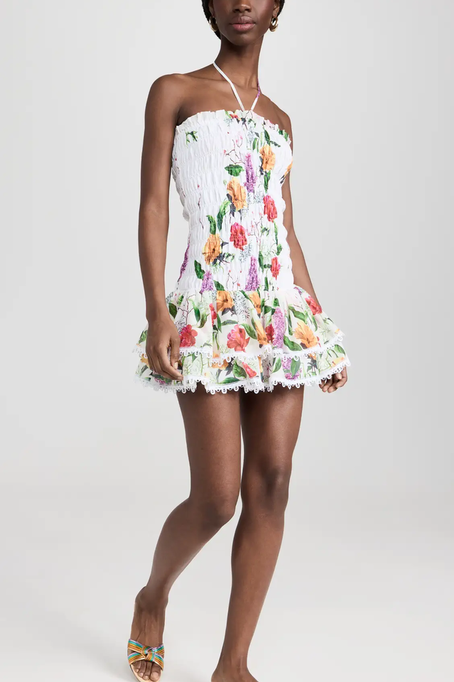 Floral Strapless Smocked Lace Trim Tiered Mini Dress 6
