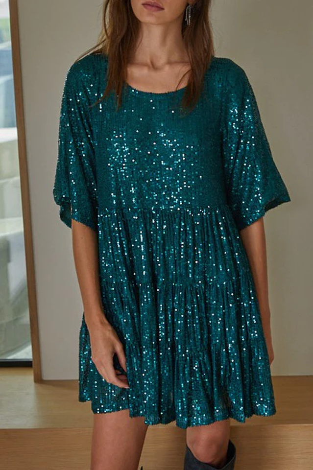 Sequin Tiered Ruffle Short Sleeve Crew Neck Babydoll Mini Party Dress