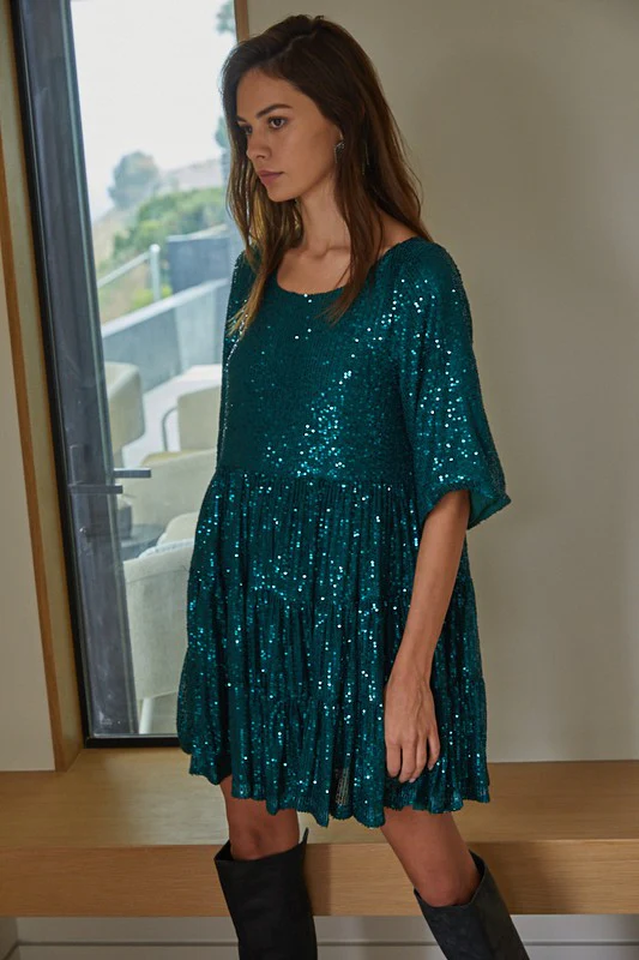 Sequin Tiered Ruffle Short Sleeve Crew Neck Babydoll Mini Party Dress
