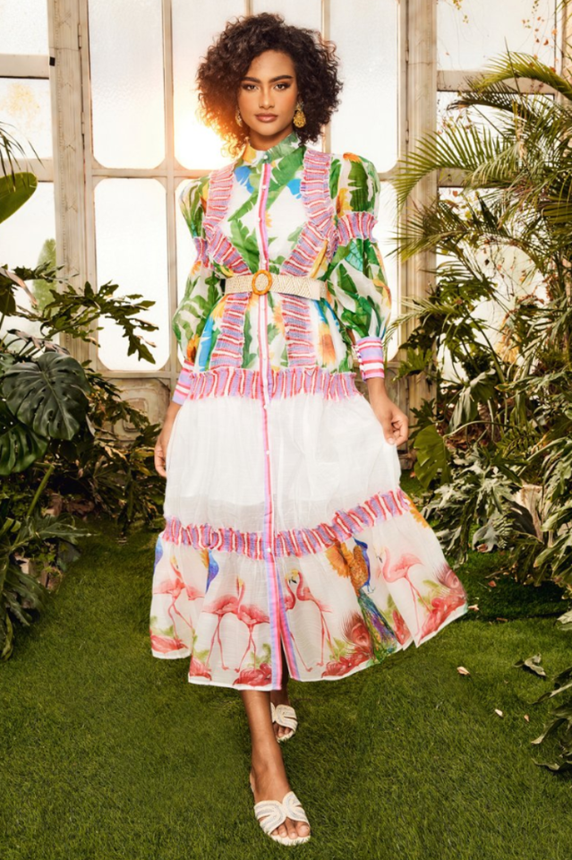 Tropical Flamingo Print Long Sleeve Belted Button Front Tiered Midi Dress