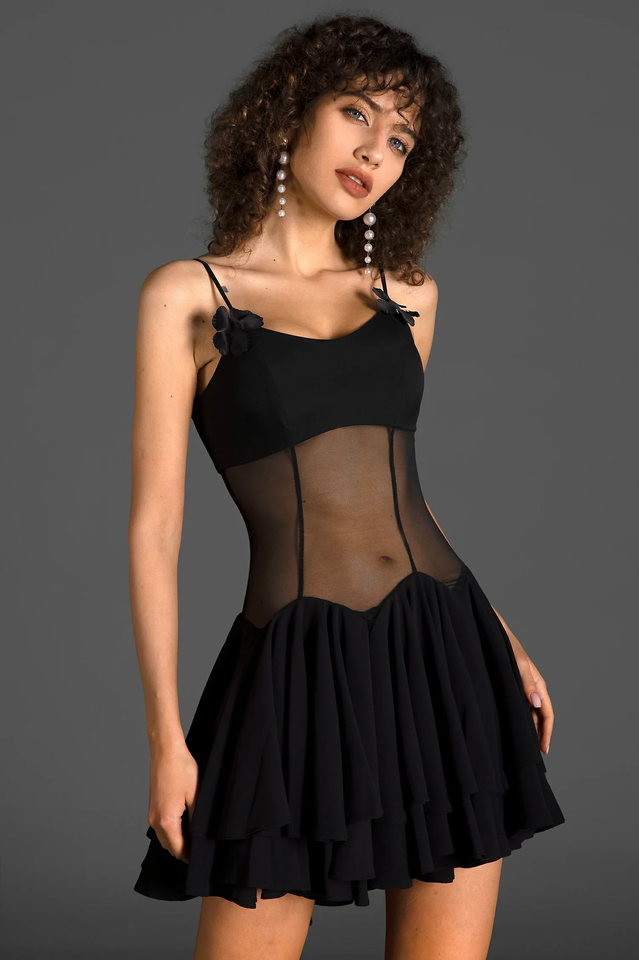 Spaghetti Strap Sheer Lace Corset Waist Layered Ruffle Mini Dress 9