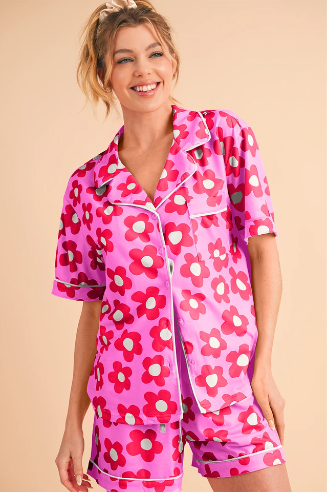 Floral Print Notch Collar Short Sleeve Shirt and Shorts Two Piece Pajama Set 5