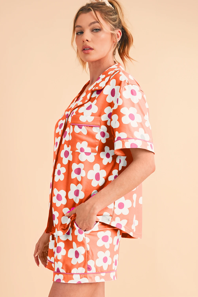 Floral Print Notch Collar Short Sleeve Shirt and Shorts Two Piece Pajama Set 9