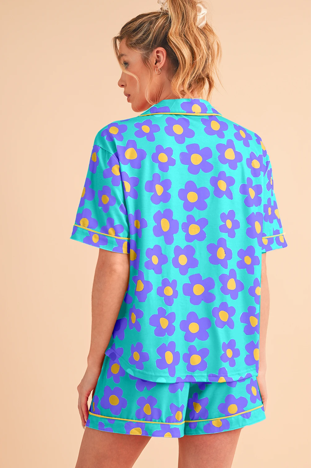 Floral Print Notch Collar Short Sleeve Shirt and Shorts Two Piece Pajama Set 13