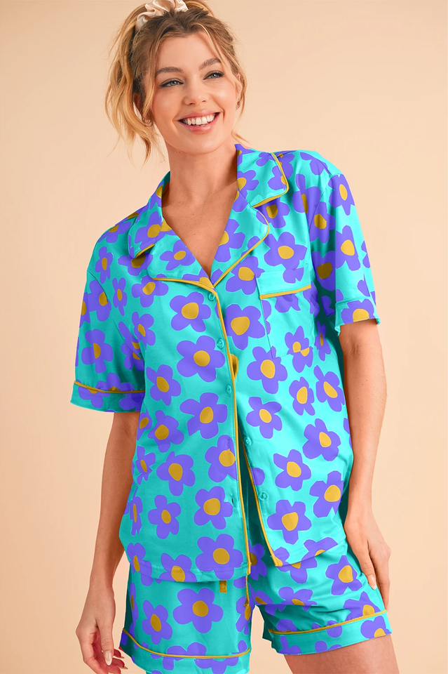 Floral Print Notch Collar Short Sleeve Shirt and Shorts Two Piece Pajama Set 11
