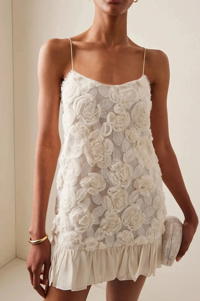 Floral Appliqué Lace Spaghetti Strap Slip Mini Dress