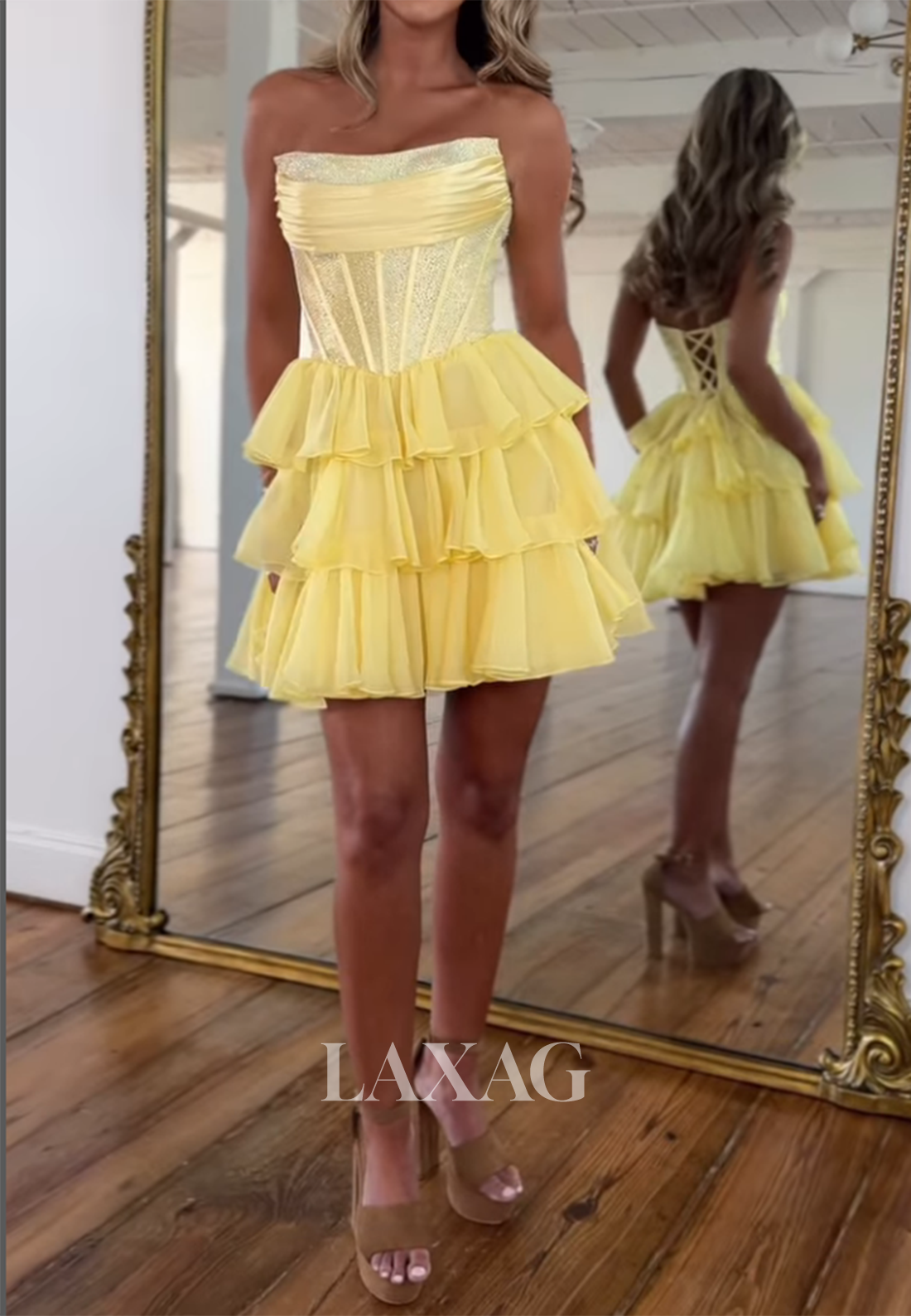 Tube Top Off-Shoulder Sleeveless Beaded Pleated Chiffon Tiered A-Line Party Homecoming Dress