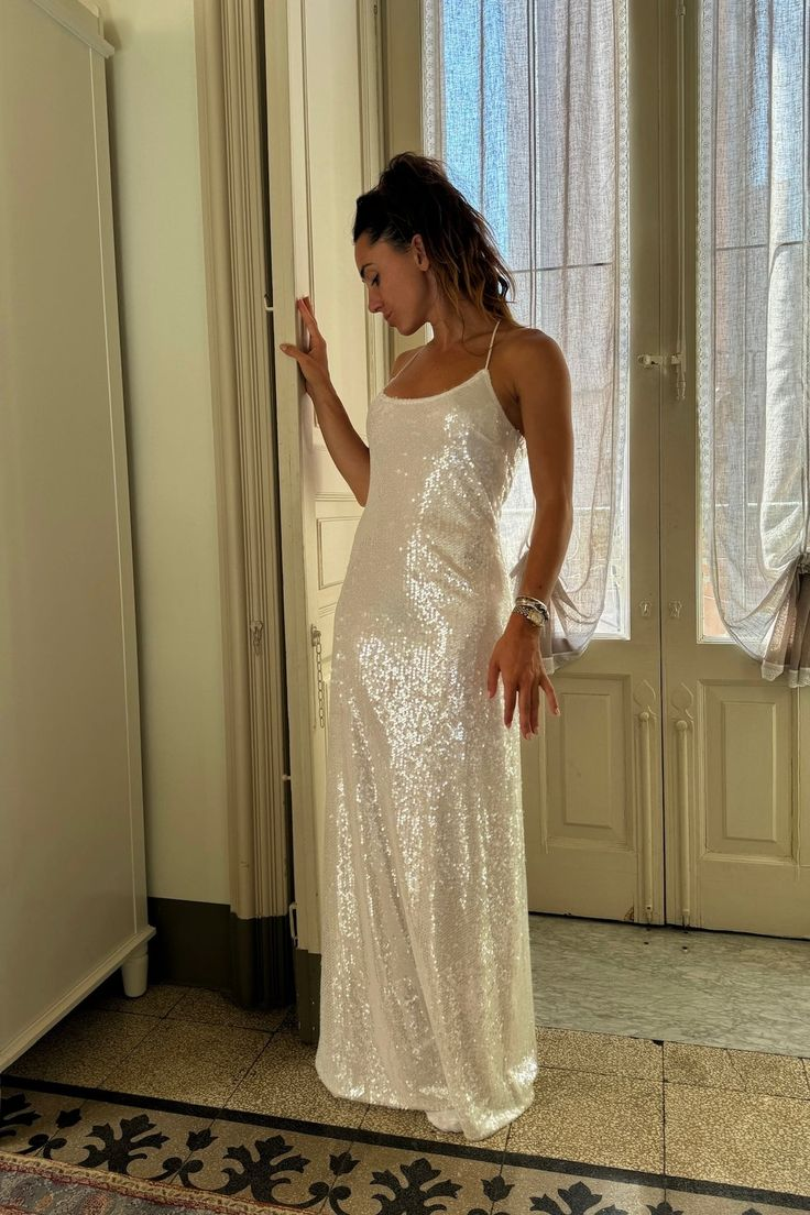 Elegant White Sequins Long Evening Dress Prom Party Dress cc1801