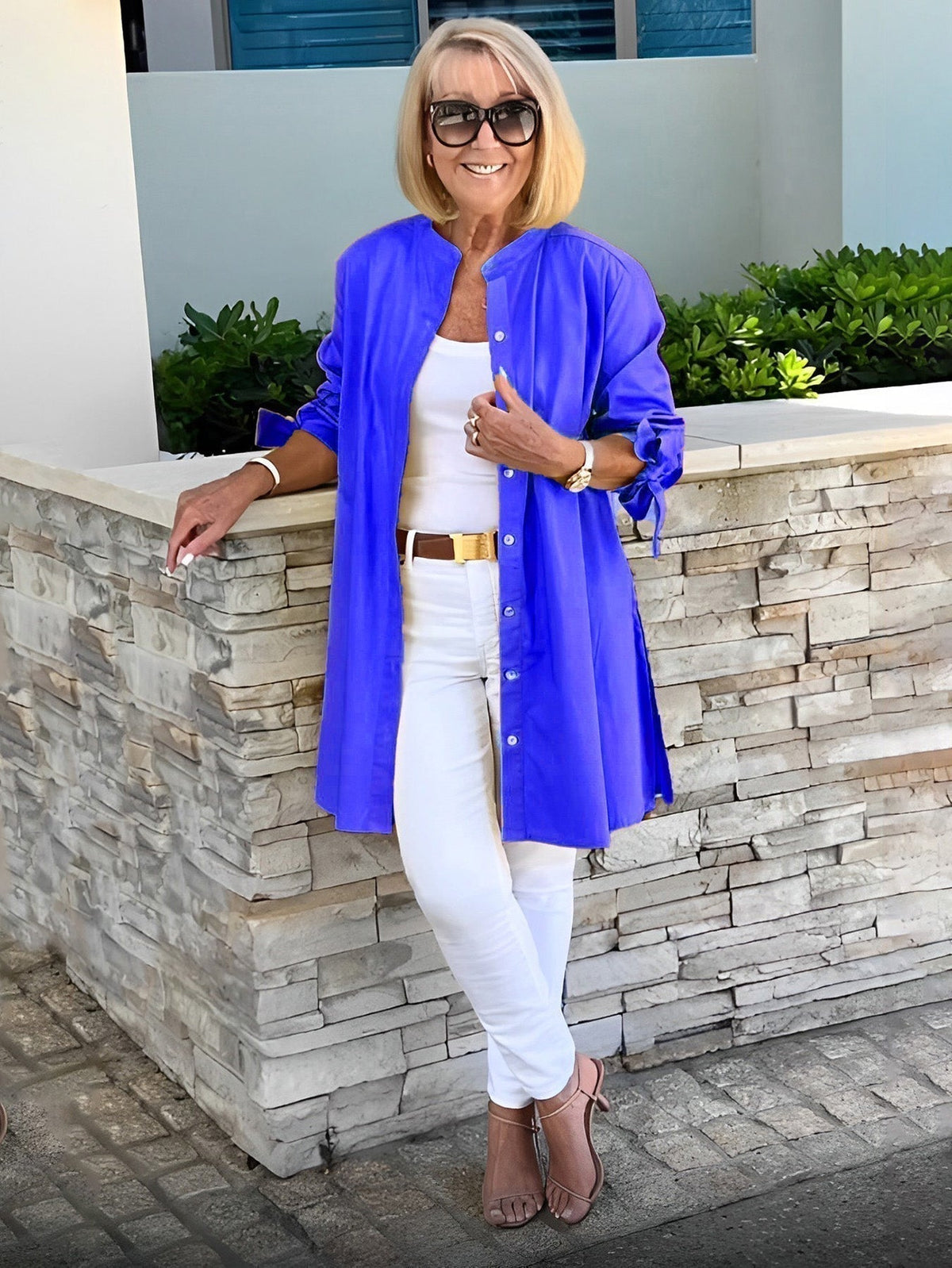 Stand Collar Tie Sleeve Longline Button Down Shirt