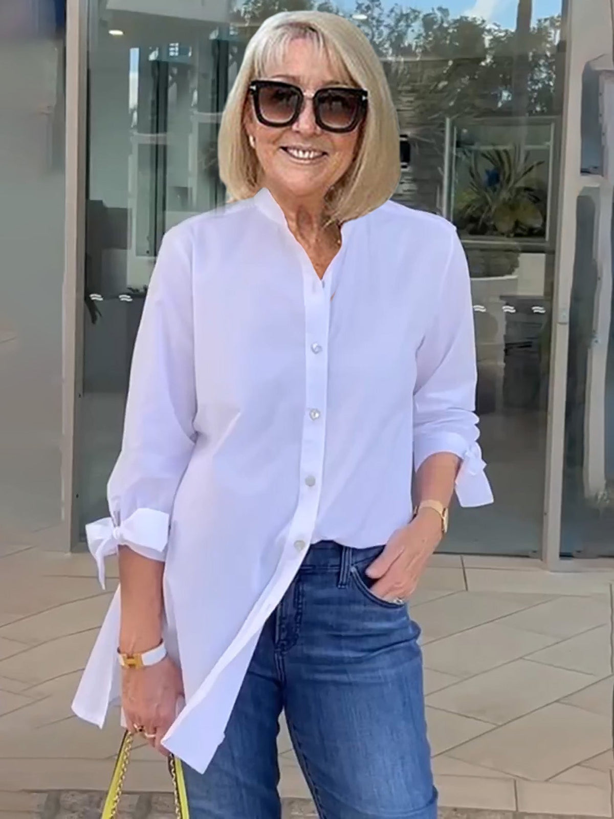 Stand Collar Tie Sleeve Longline Button Down Shirt