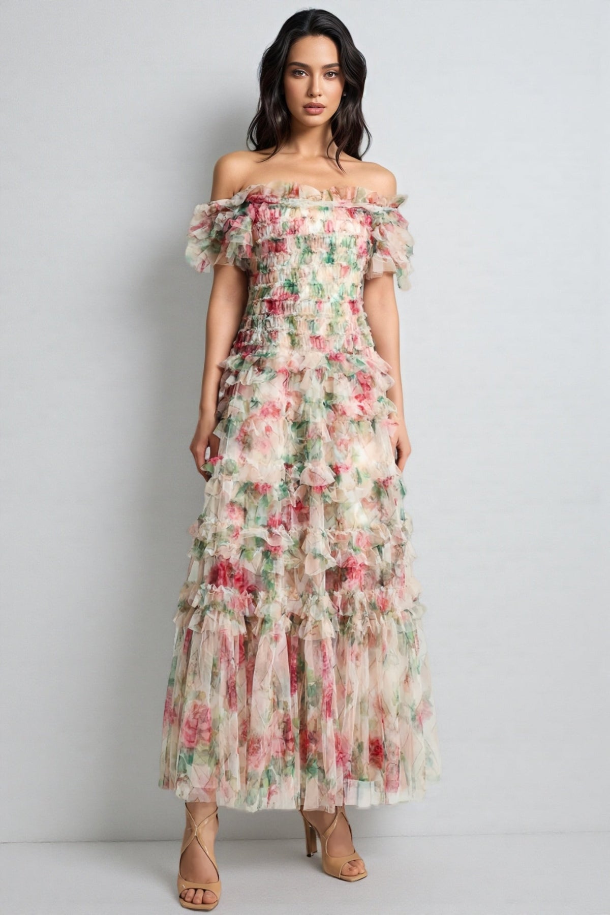 Floral Print Off Shoulder Smocked Ruffle Tiered Tulle Maxi Dress