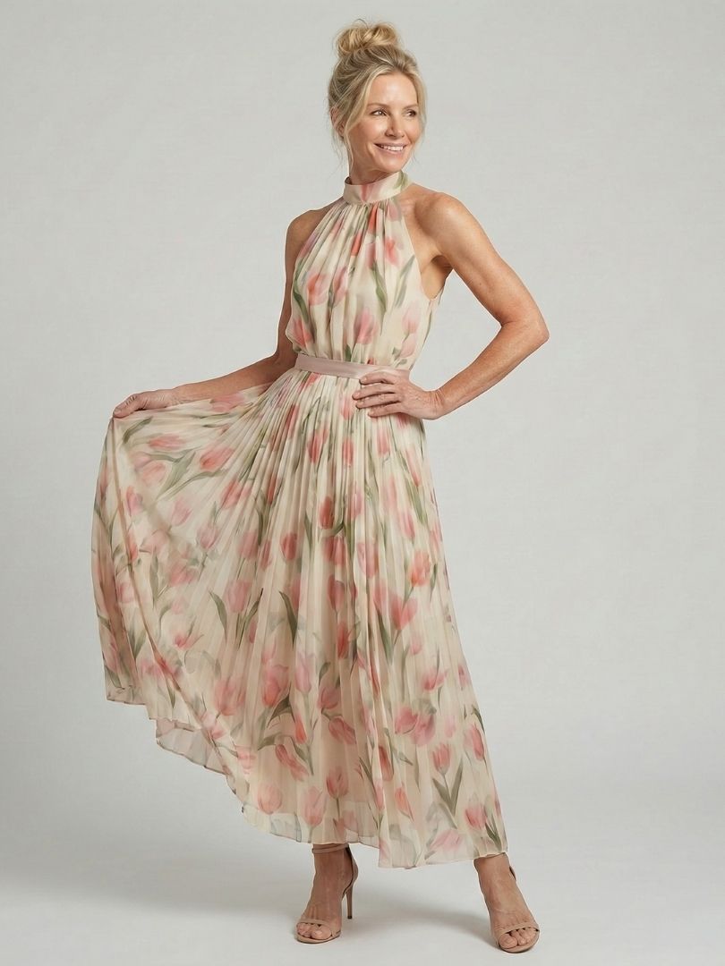 Floral Halter Neck Pleated Belted Maxi Dress