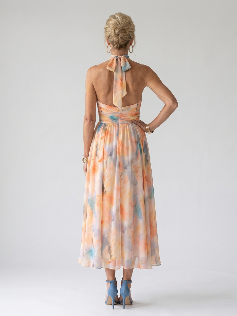 Floral Print Halter Neck Sleeveless Flowy Midi Dress