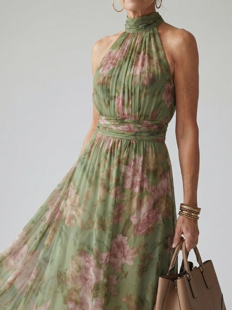 Floral Halter Neck Sleeveless Maxi Dress