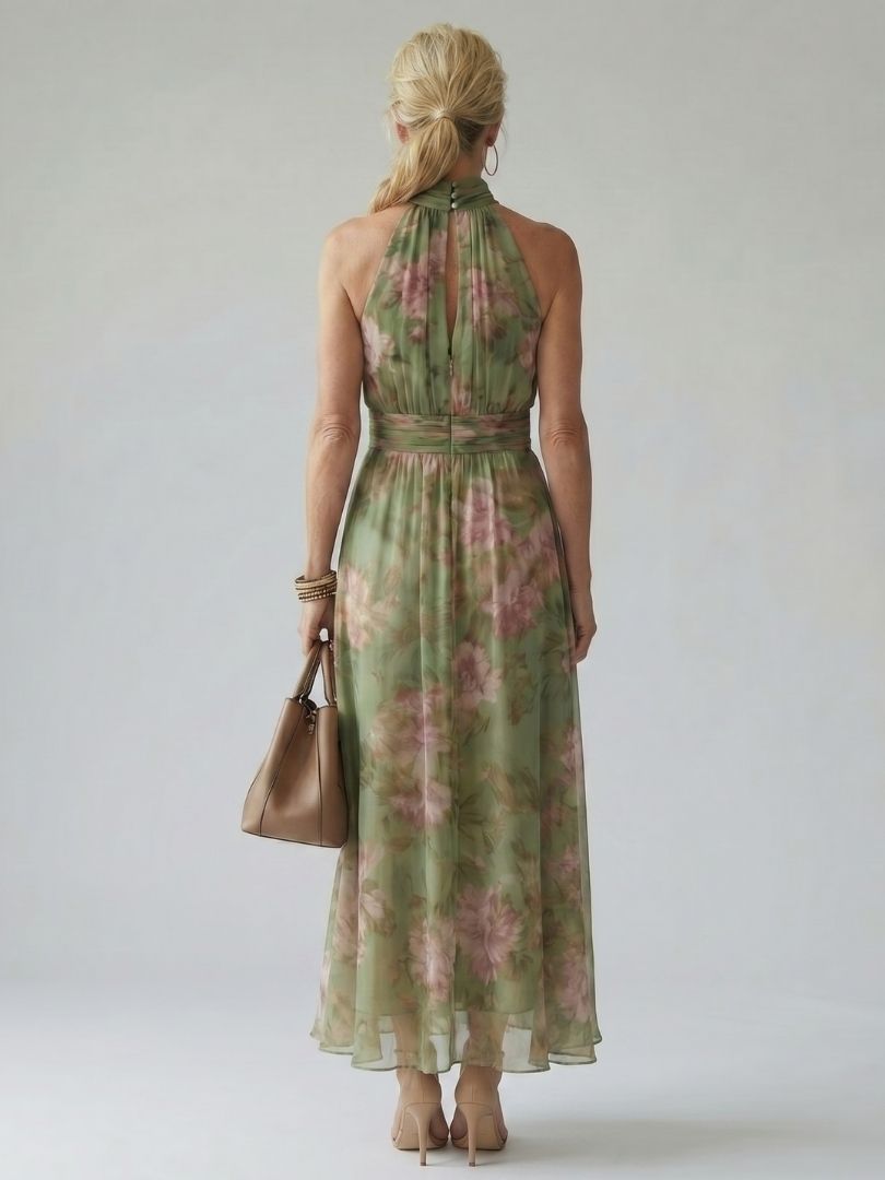 Floral Gathered Halter Neck Sleeveless Chiffon Maxi Dress
