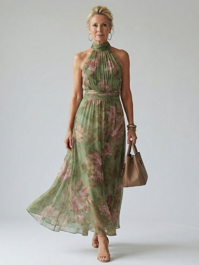 Floral Gathered Halter Neck Sleeveless Chiffon Maxi Dress