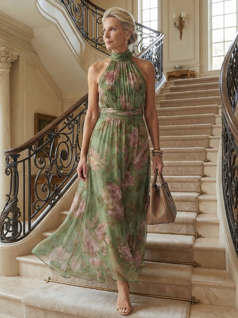 Floral Halter Neck Ruched Waist Chiffon Maxi Dress