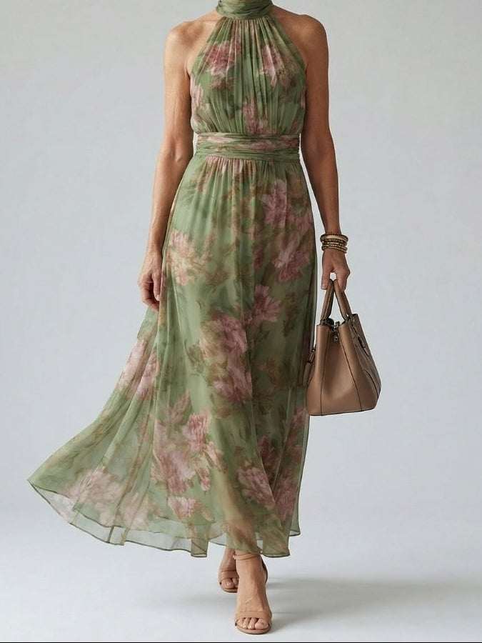 Floral Halter Neck Ruched Waist Chiffon Maxi Dress