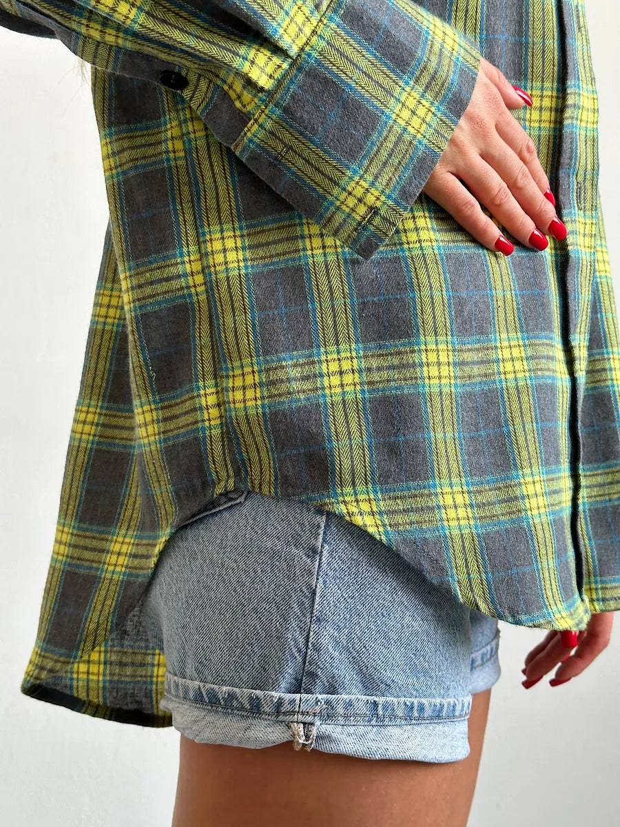 Plaid Long Sleeve Button Front Oversized Flannel Shirt