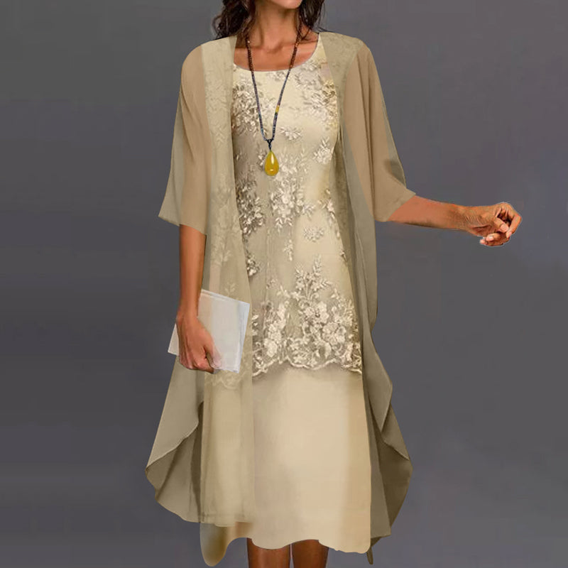 Floral Lace Embroidered Dress Chiffon Open Front Duster Two Piece Set