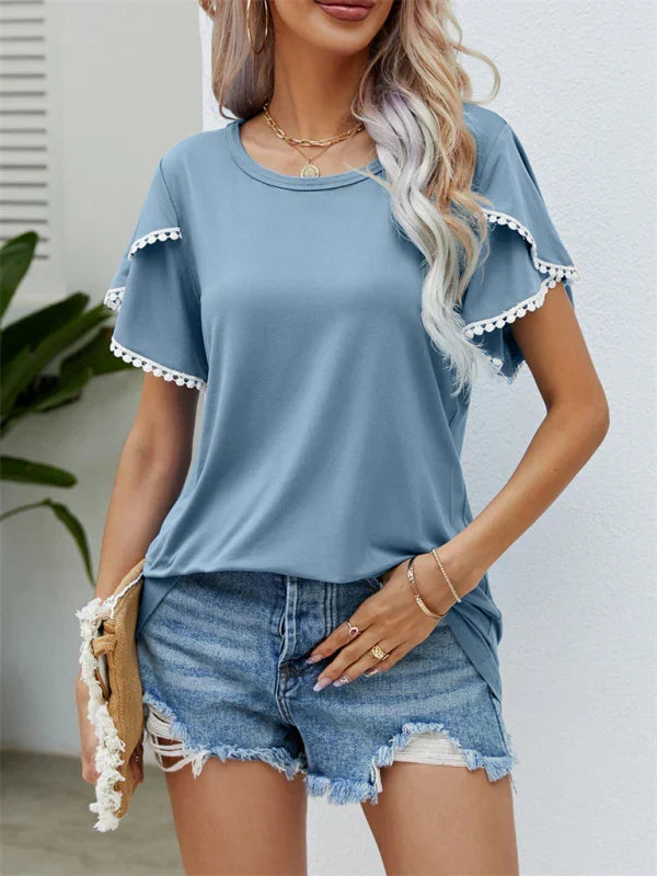 Round Neck Pom Pom Trim Flutter Sleeve Top