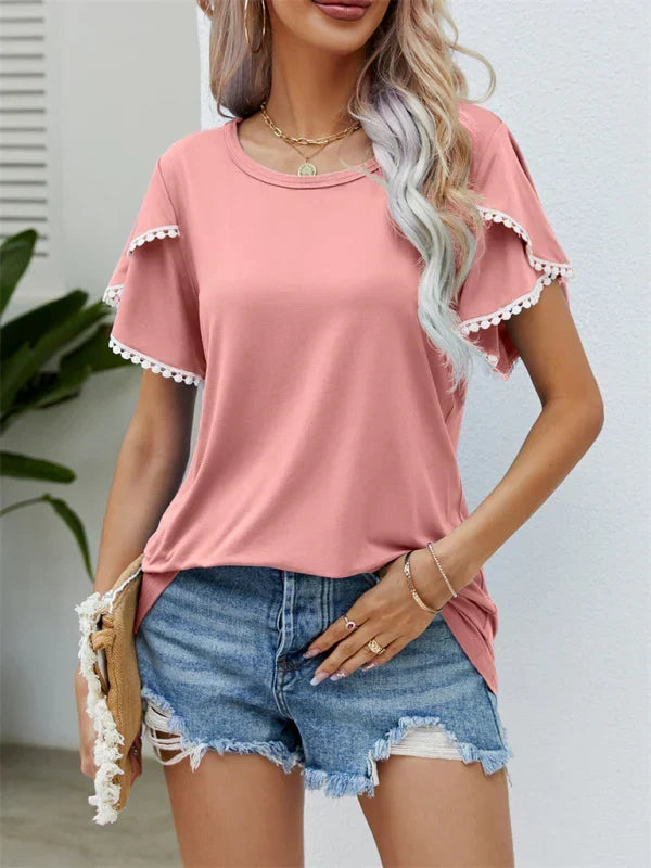 Round Neck Pom Pom Trim Flutter Sleeve Top