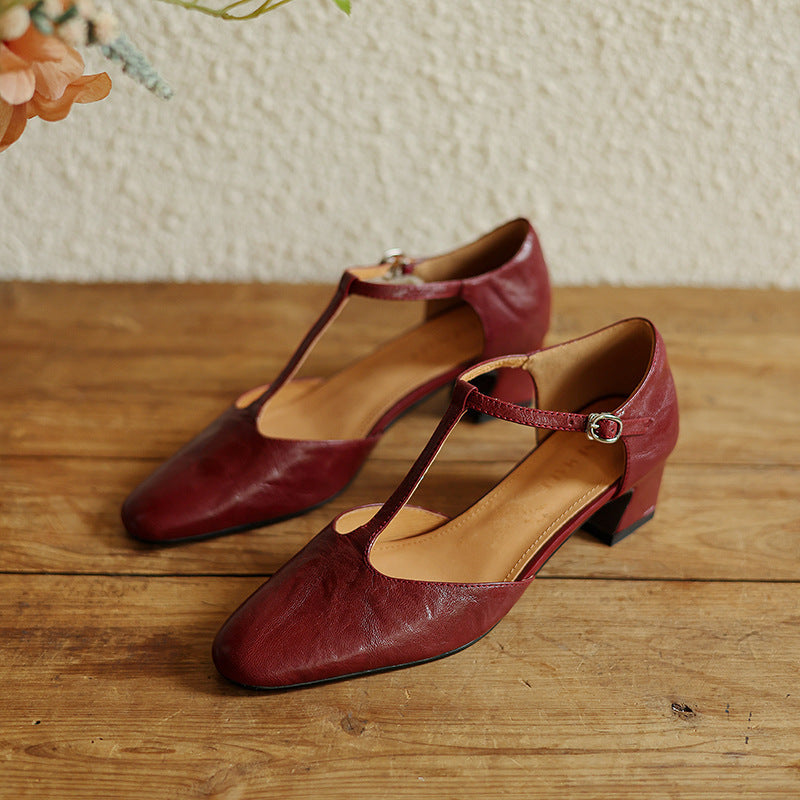 Square Toe T-Strap Block Heel Pumps