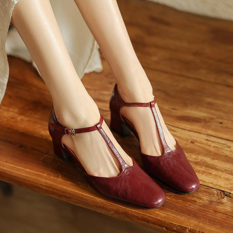 Square Toe T-Strap Block Heel Pumps