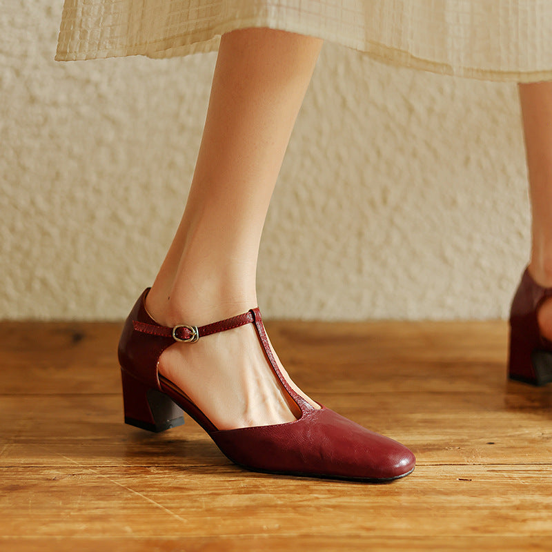 Square Toe T-Strap Block Heel Pumps