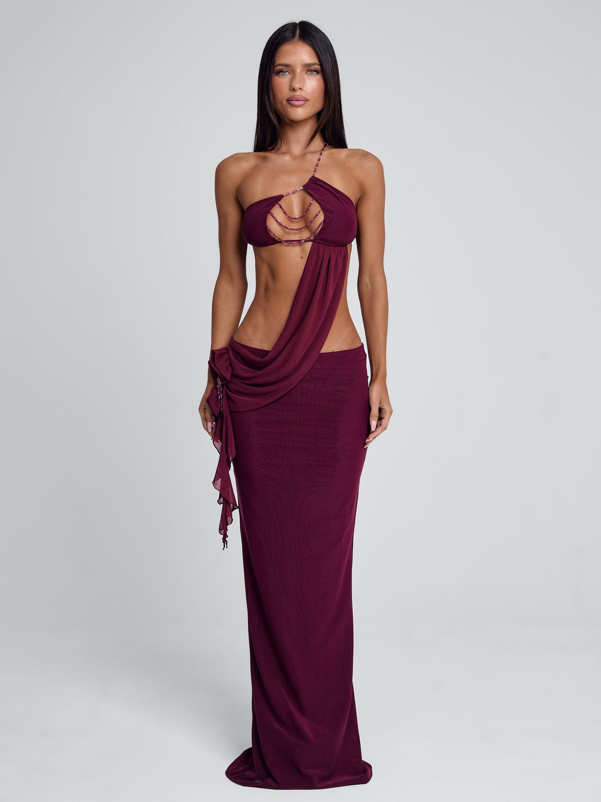 Mesh Beaded Chain One Shoulder Draped Cut Out Maxi Dress