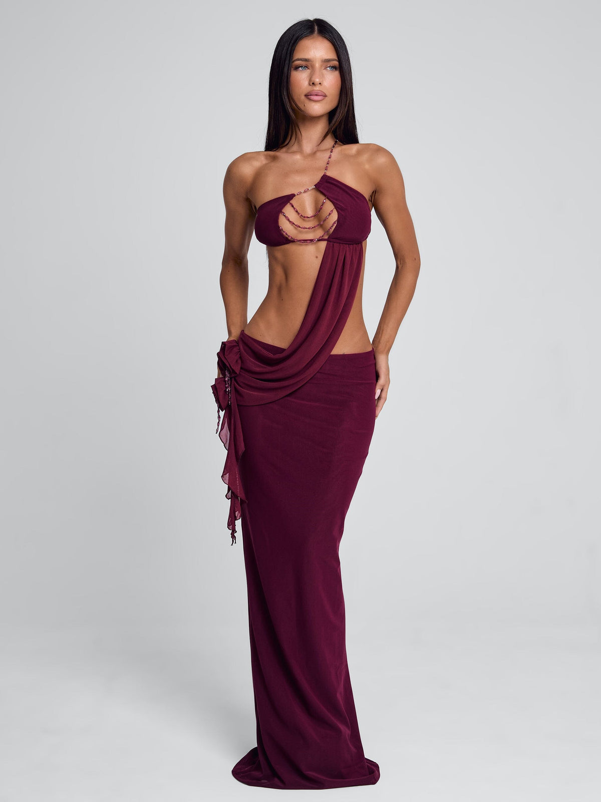 Mesh Beaded Chain One Shoulder Draped Cut Out Maxi Dress 2