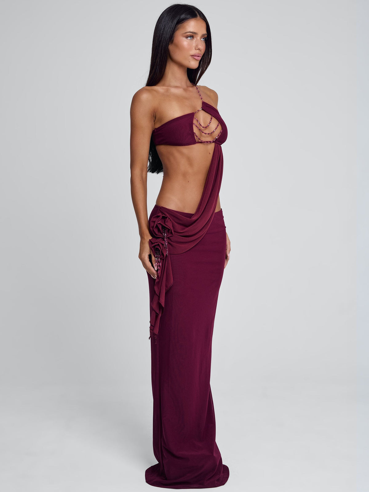 Mesh Beaded Chain One Shoulder Draped Cut Out Maxi Dress 6
