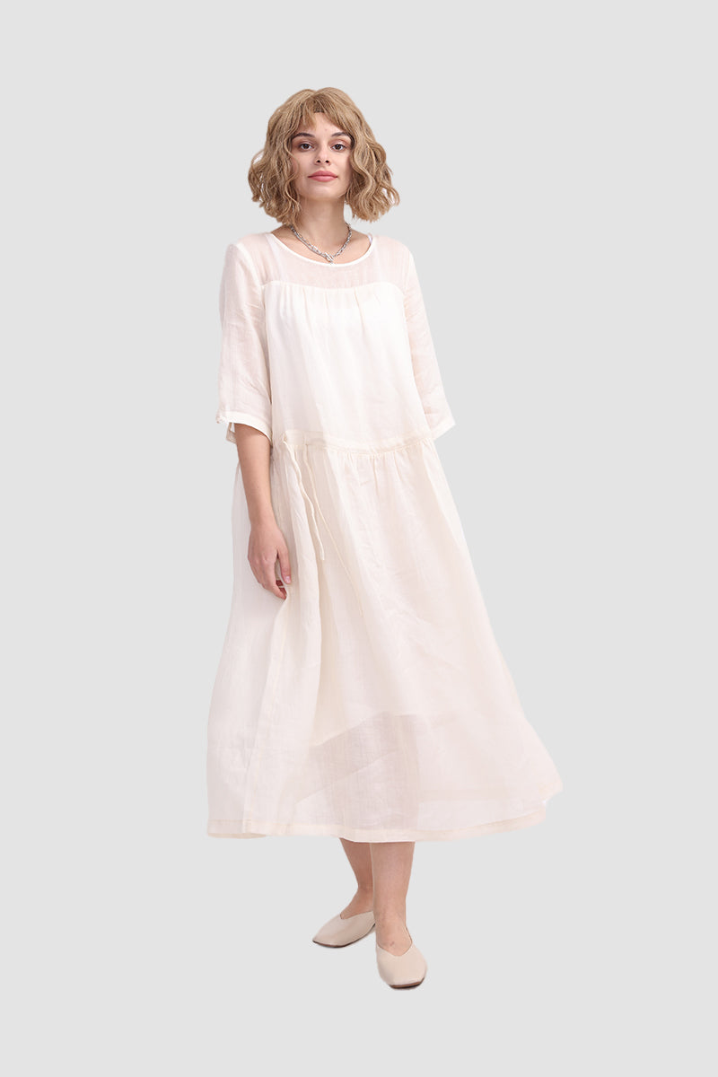 Linen-Look Round Neck Half Sleeve Drawstring Drop Waist Smock Midi Dress 2