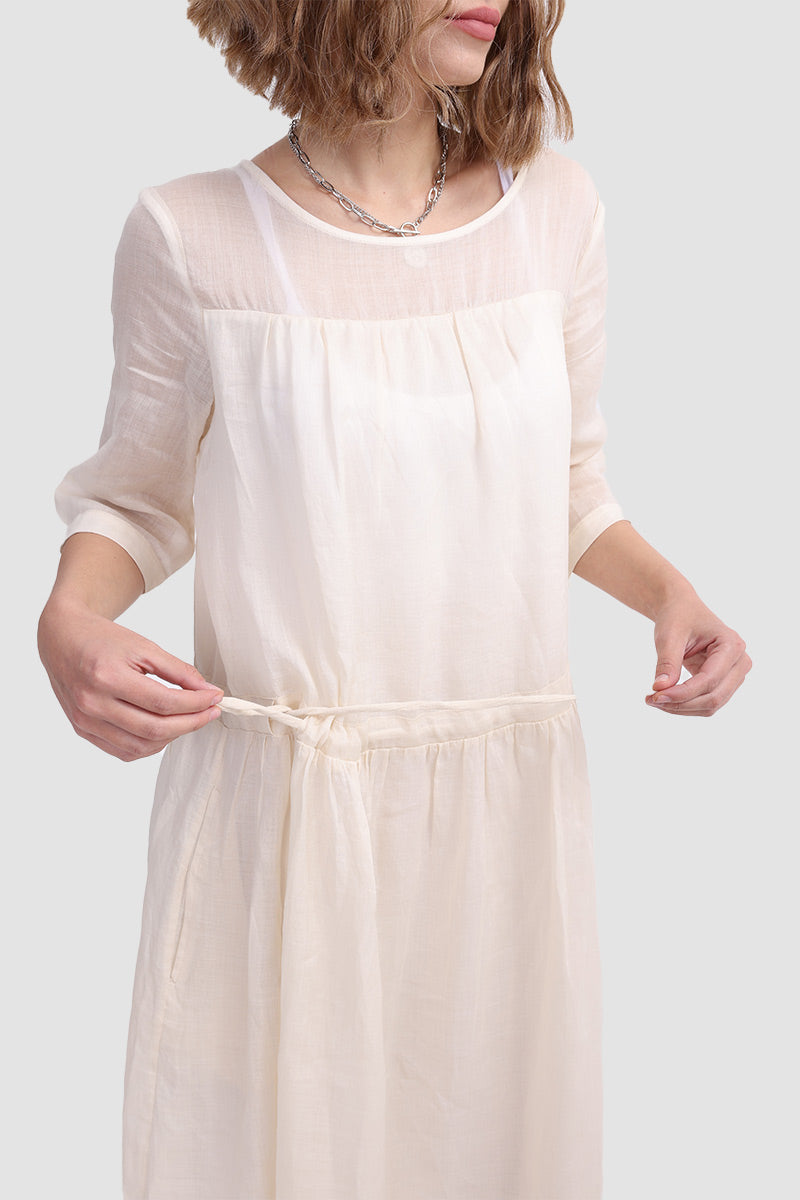 Linen-Look Round Neck Half Sleeve Drawstring Drop Waist Smock Midi Dress 3