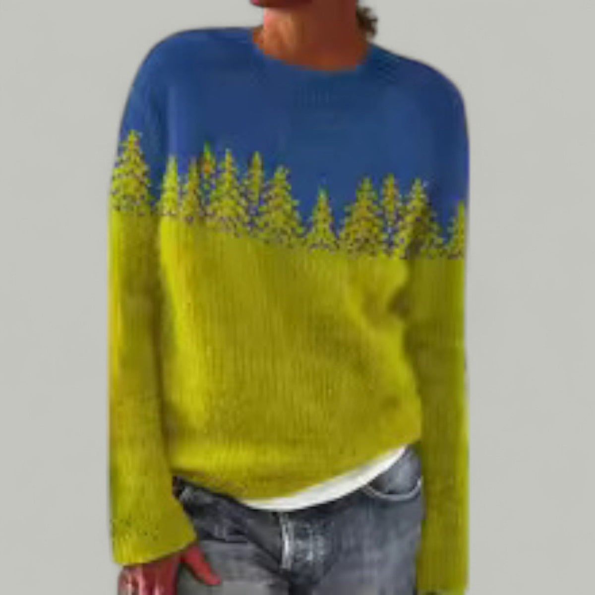 Crew Neck Long Sleeve Tree Print Knit Sweater