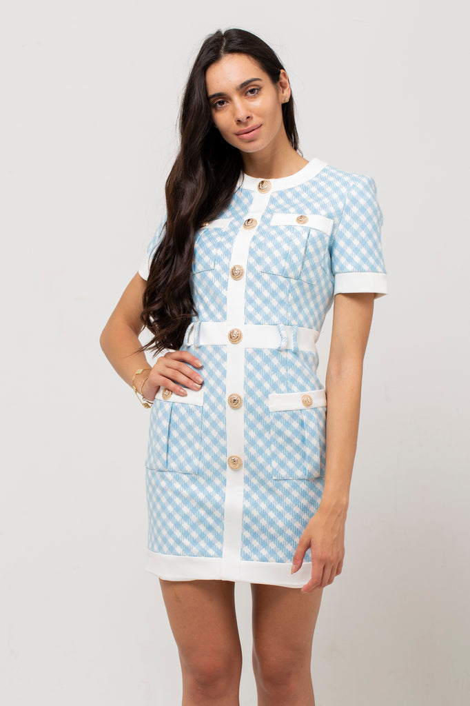 Gingham Short Sleeve Contrast Trim Belted Button Front Pocket Mini Dress 2