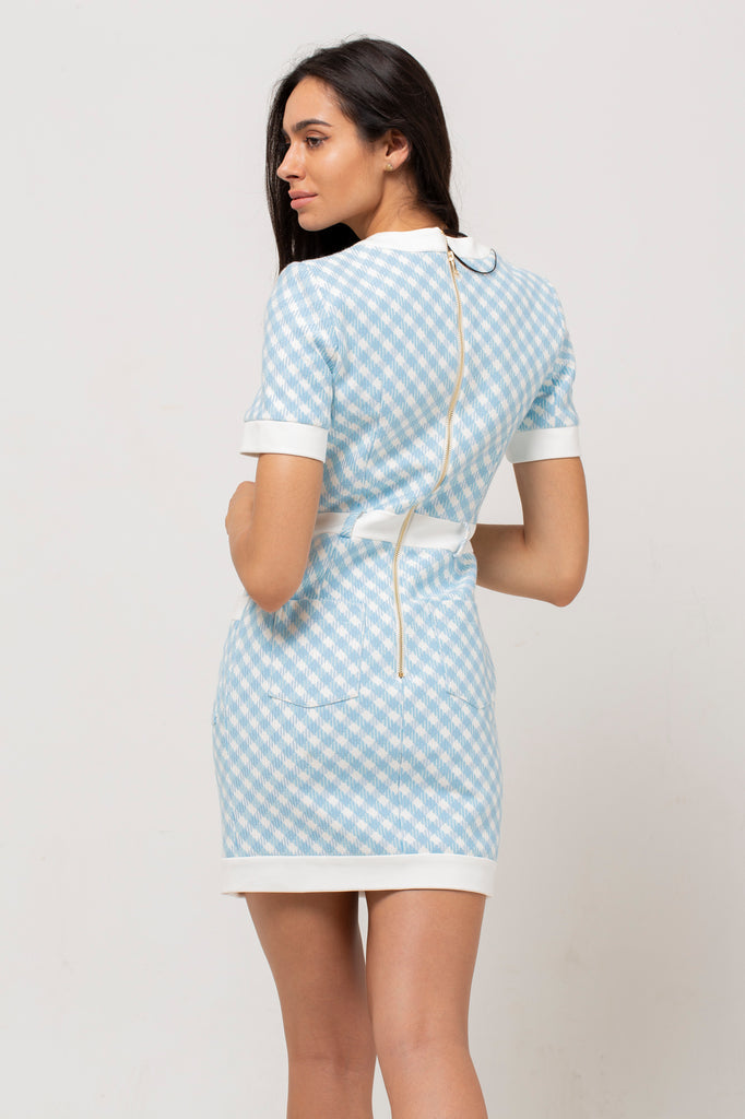 Gingham Short Sleeve Contrast Trim Belted Button Front Pocket Mini Dress 5