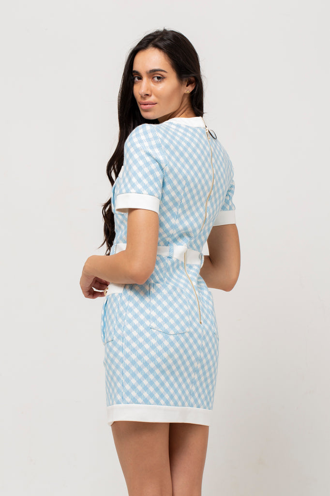 Gingham Short Sleeve Contrast Trim Belted Button Front Pocket Mini Dress 6