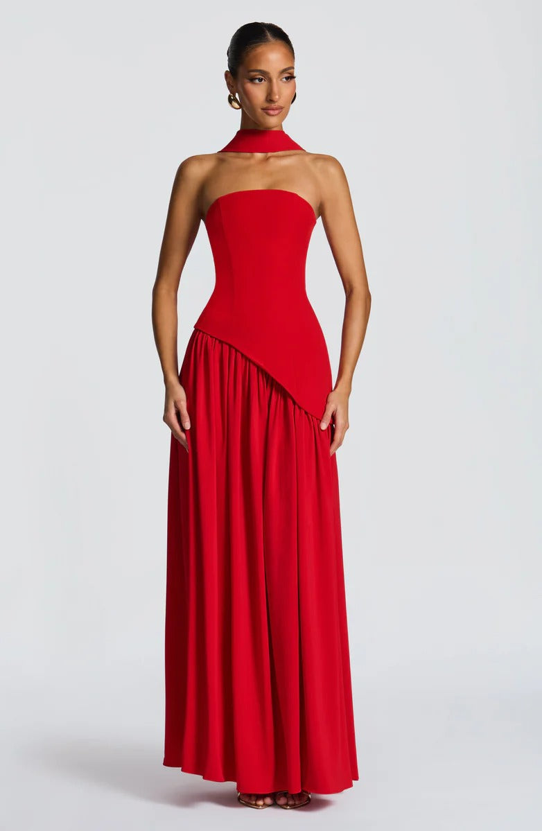 Strapless Asymmetric Drop Waist High Split Maxi Dress with Scarf 71