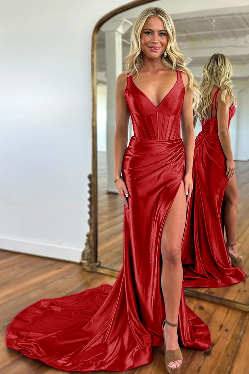 Purple Mermaid V-Neck Zipper Back Satin Long Prom Dress With Split