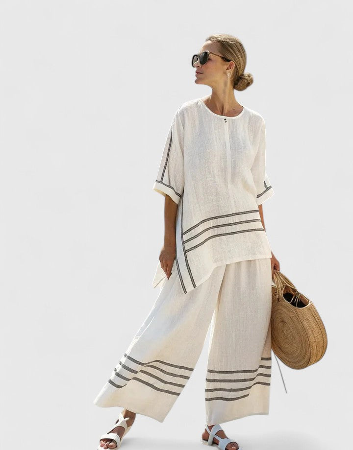 Striped Short Sleeve Top and Wide Leg Pants Two Piece Set