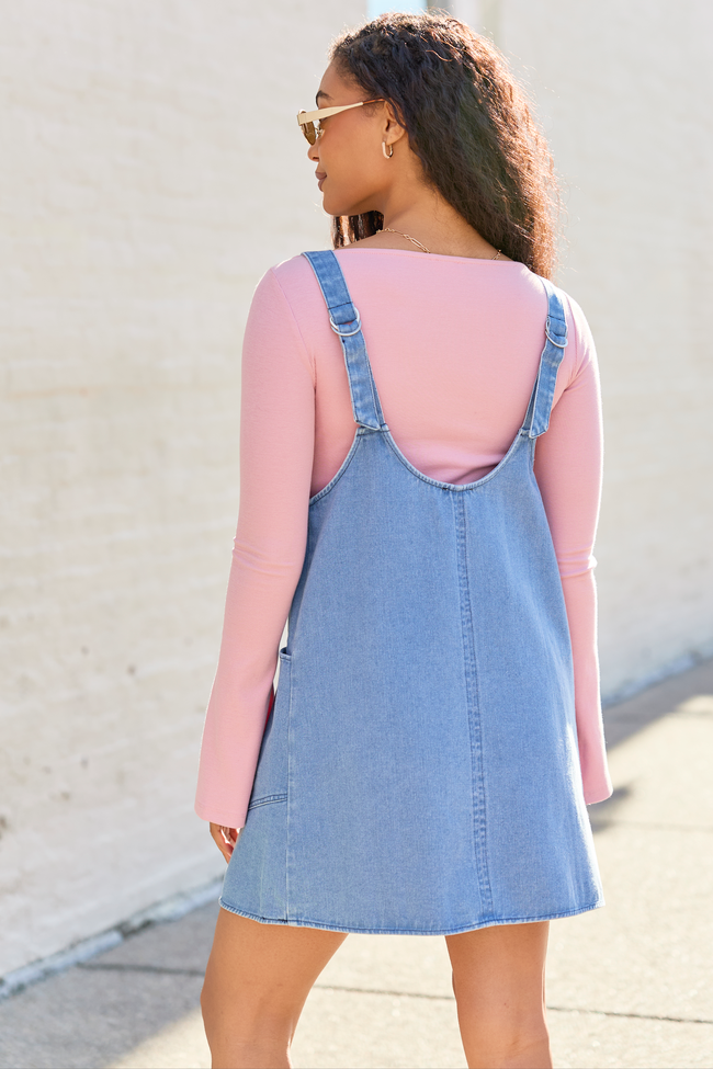 Denim Scoop Neck Sleeveless Patch Pocket Pinafore Mini Dress 4