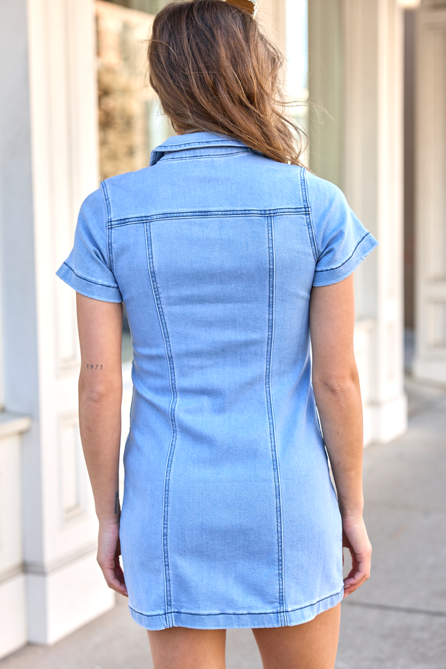 Denim-Look Collared Zip Front Short Sleeve Patch Pocket Mini Dress 4