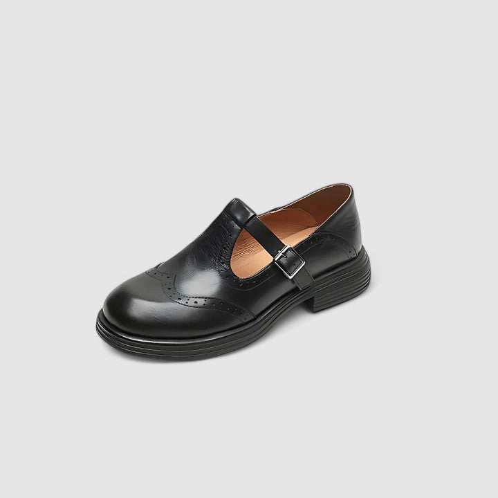 Round Toe T-Strap Buckle Brogue Mary Jane Flats