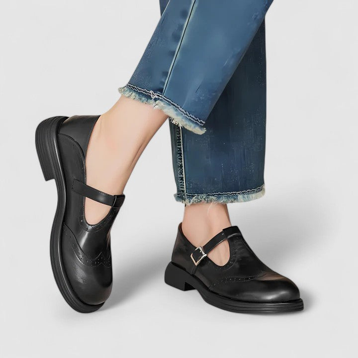 Round Toe T-Strap Buckle Brogue Mary Jane Flats